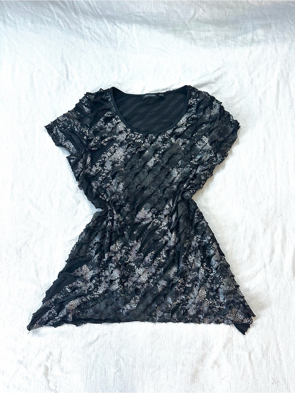 Y2k Black Snack Print Textured Top By Notations — grunge fairy layered ruffle L